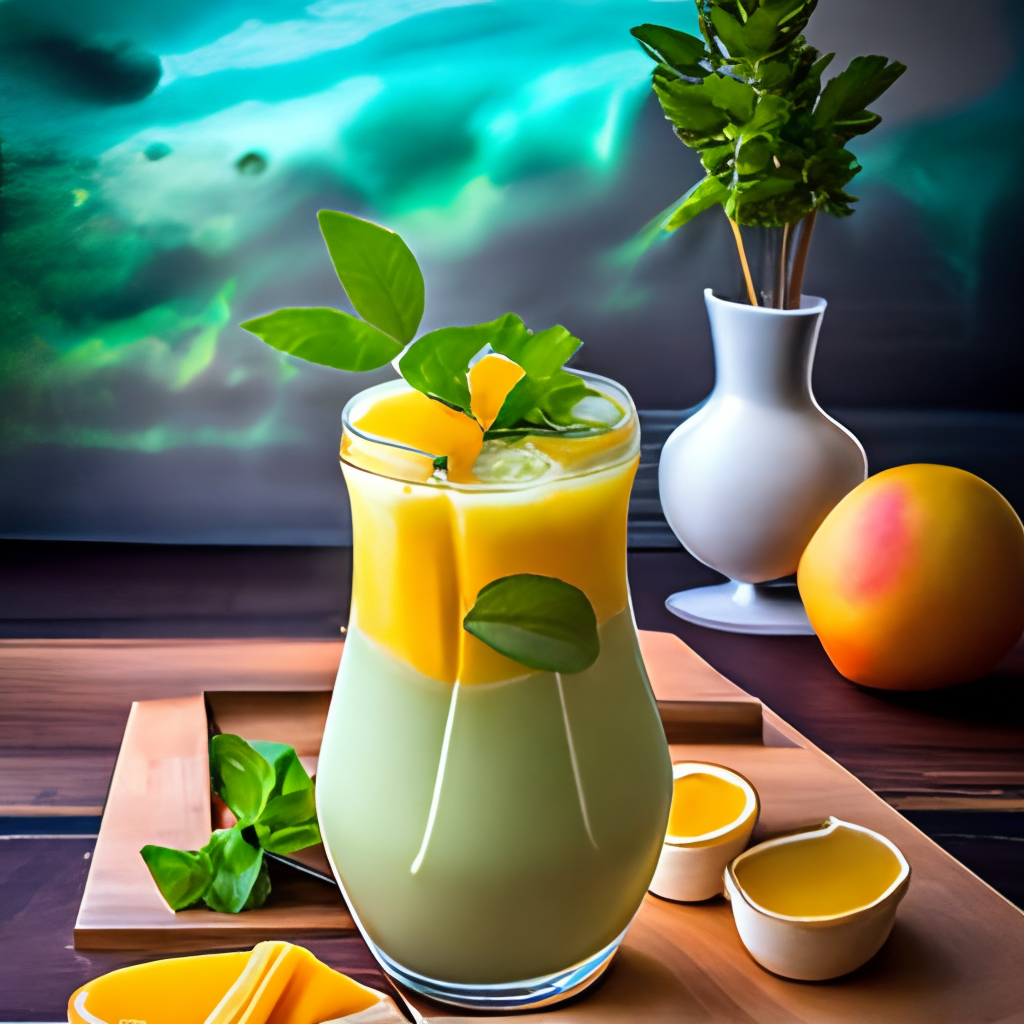 a refreshing smoothie with a blend of fresh mango and apple slices, topped with a sprig of mint and a drizzle of honey