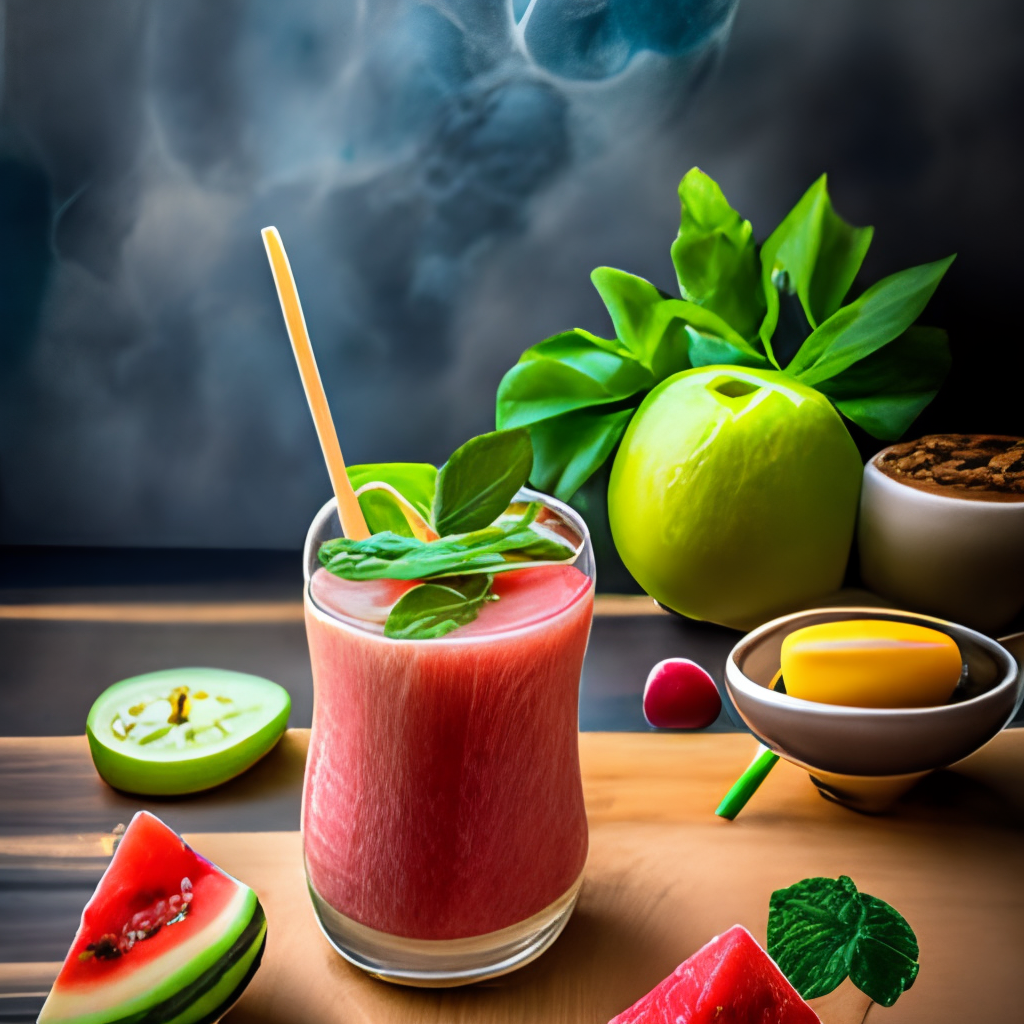 a refreshing smoothie with a blend of fresh watermelon and apple slices, topped with a sprig of mint and a drizzle of honey