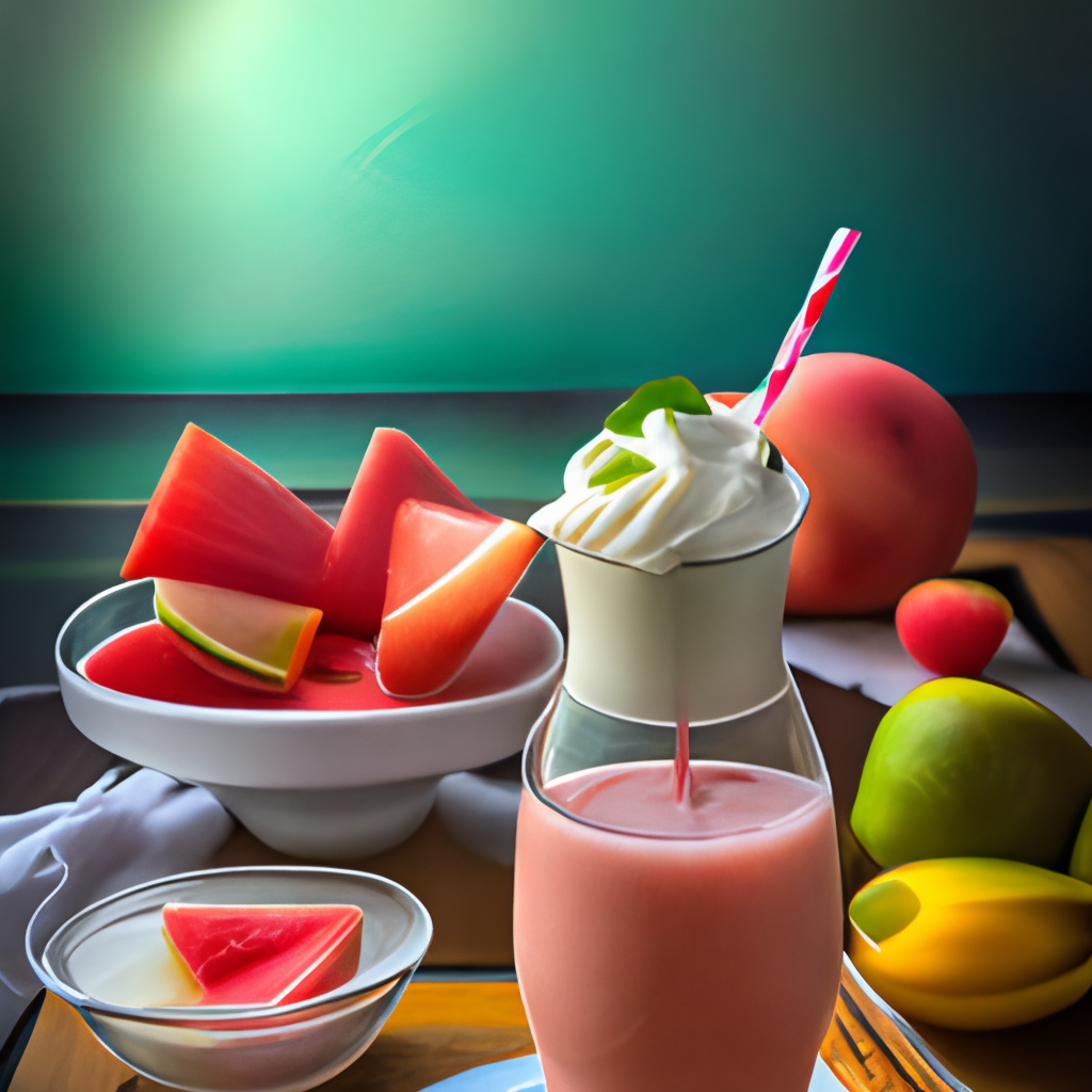 a sweet smoothie with a blend of fresh watermelon and apple slices, topped with a dollop of whipped cream and a cherry
