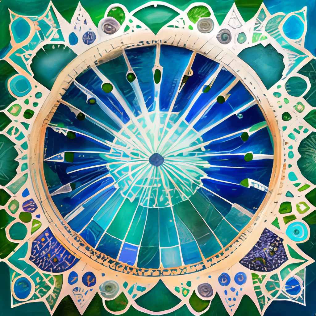 a watercolor mandala with shades of blue and green, with intricate details and patterns