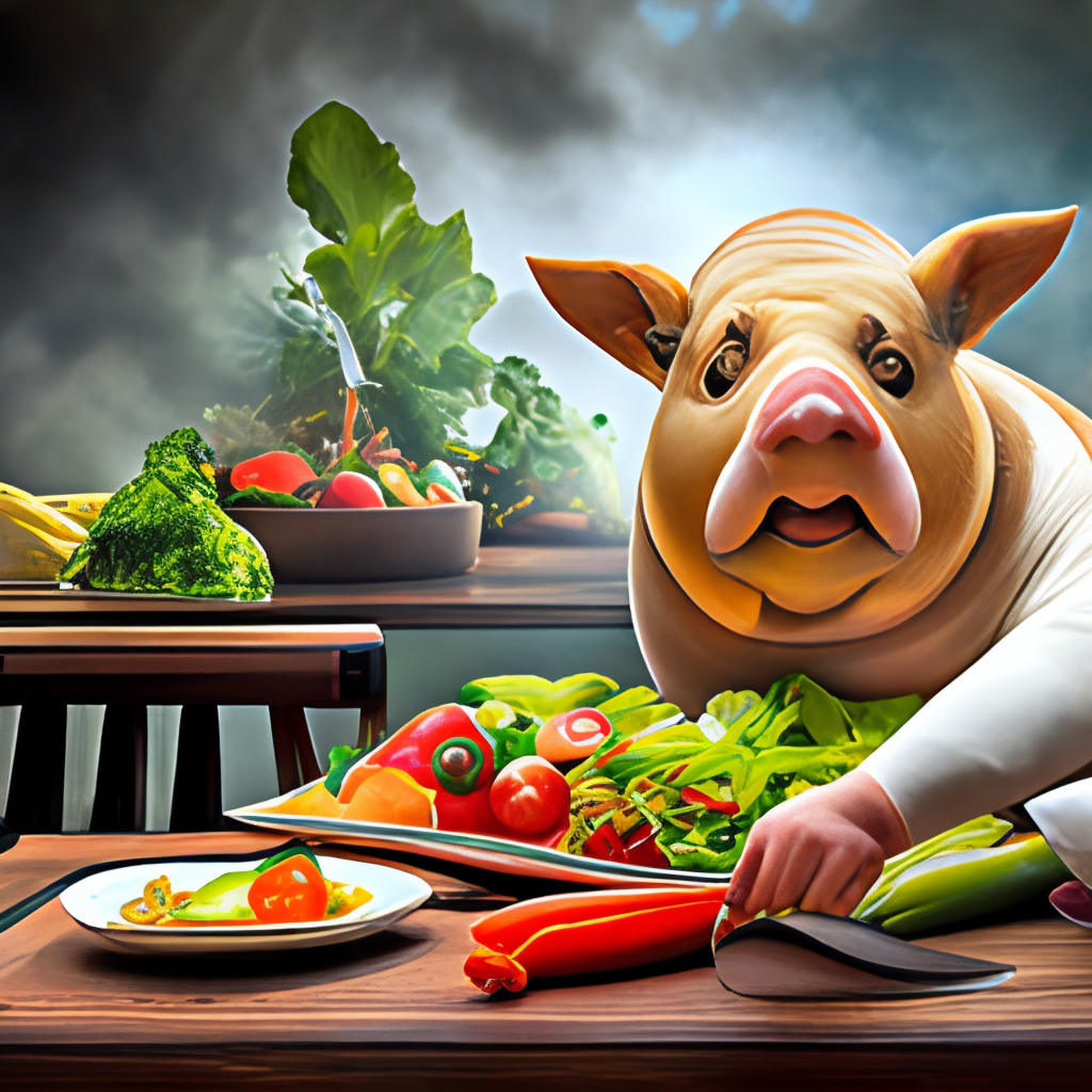 a chonky pig eating a salad with a fork and knife, surrounded by fresh vegetables and fruits