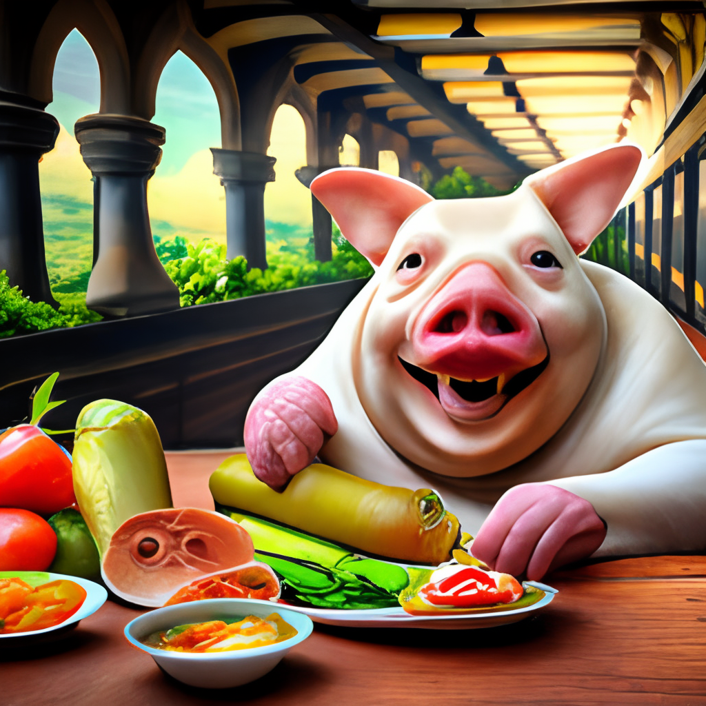 a chonky pig with a big smile on his face, enjoying his meal of fresh vegetables and fruits