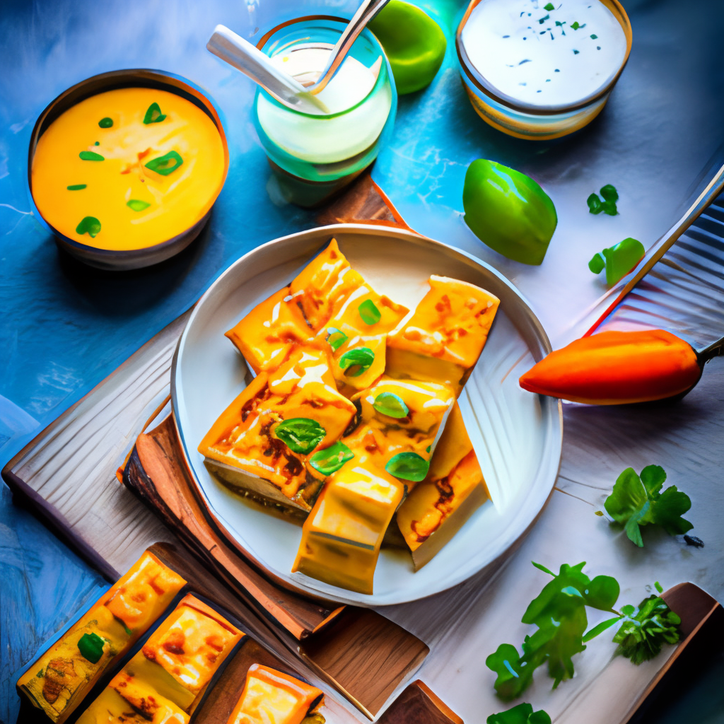 a plate of paneer tikka masala with steam rising from the dish, a sprinkle of fresh cilantro on top, a side of garlic naan bread, and a mango lassi drink on the side