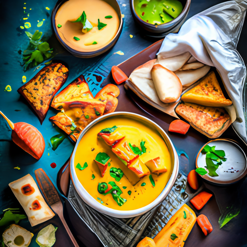 a bowl of paneer tikka masala with steam rising from the dish and a sprinkle of fresh cilantro on top, a side of garlic naan bread, and a mango lassi drink on the side