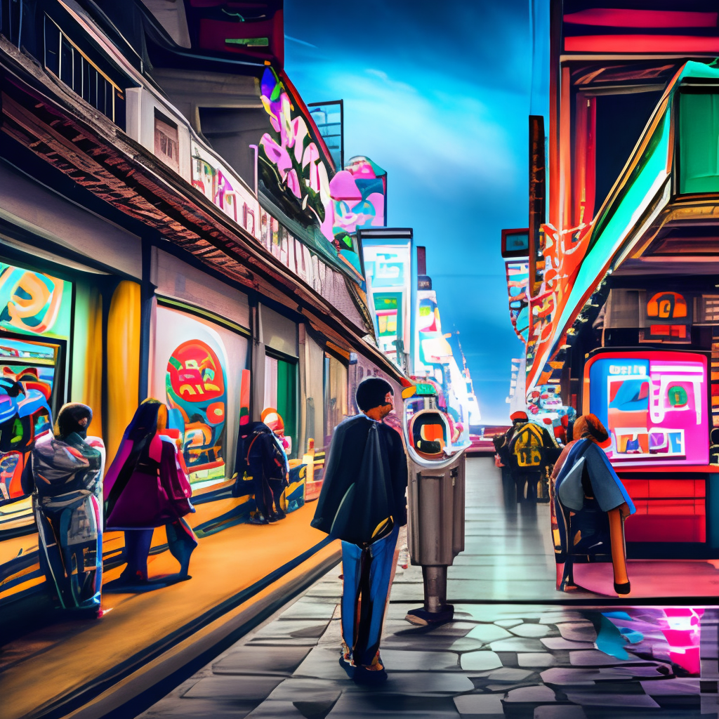 A vibrant, neon-lit street gaming machine, surrounded by a bustling crowd of onlookers.