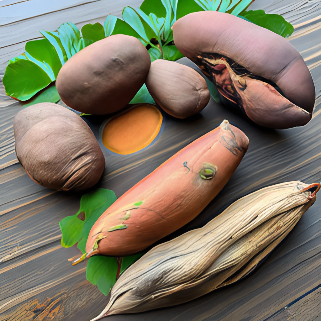 three sweet potatoes, freshly harvested and still covered in dirt