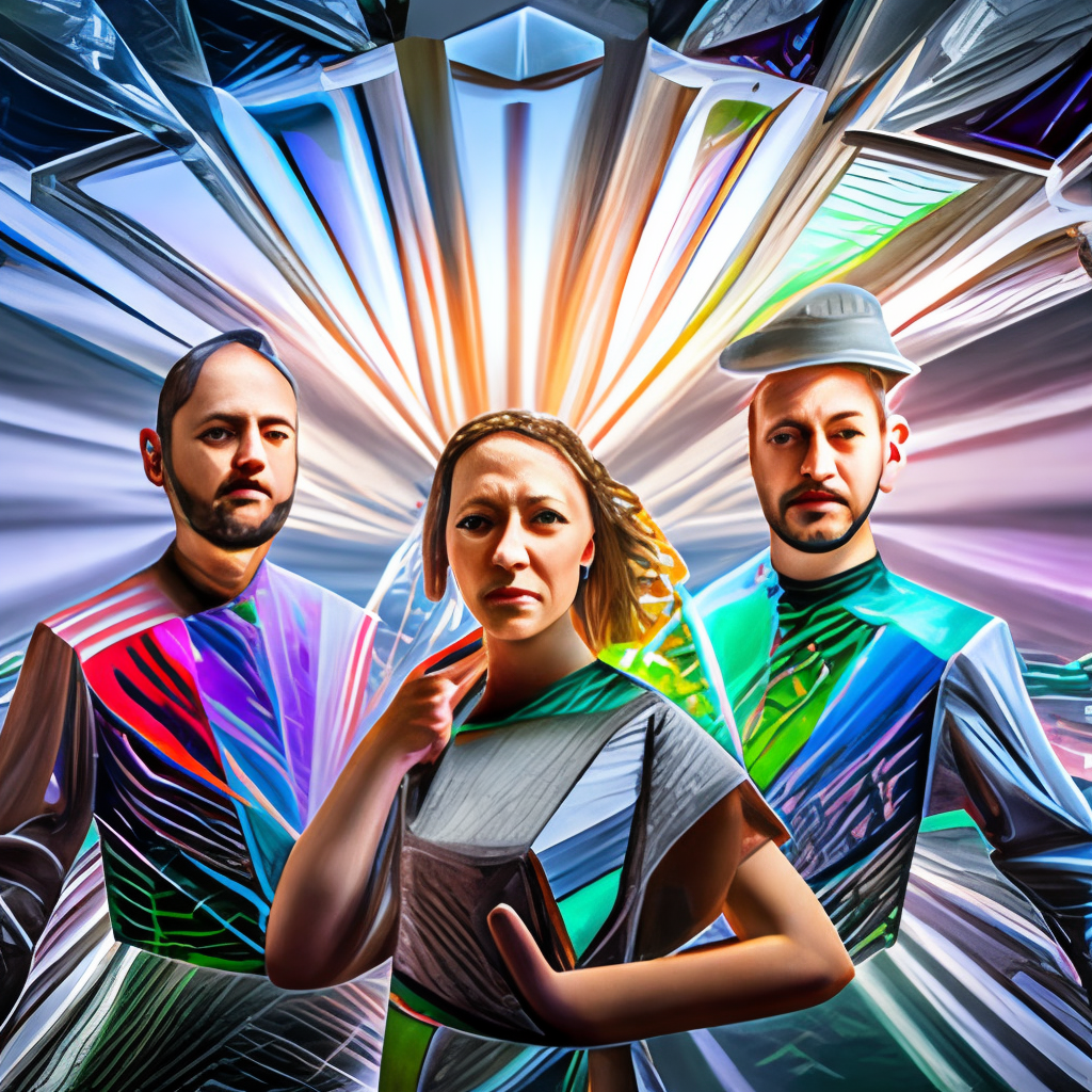 a dynamic mosaic of four futuristic people with shiny metal and prisms