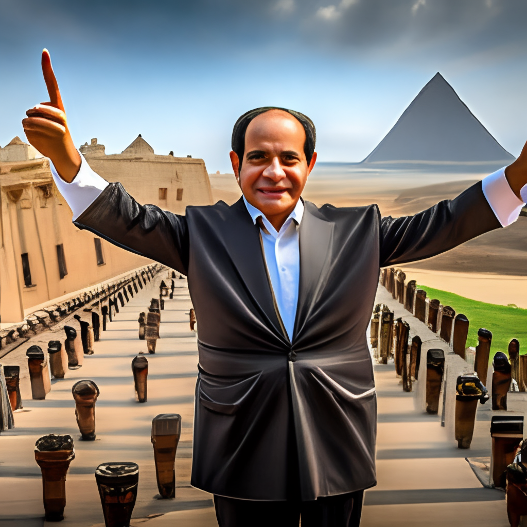Egyptian prisedent Abdel fatah elsisi setting over the Pyramids with a wide smile
