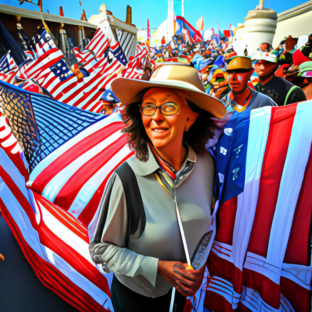  Marjorie Taylor Greene at a rally with a lot of USA flags in the crowd.