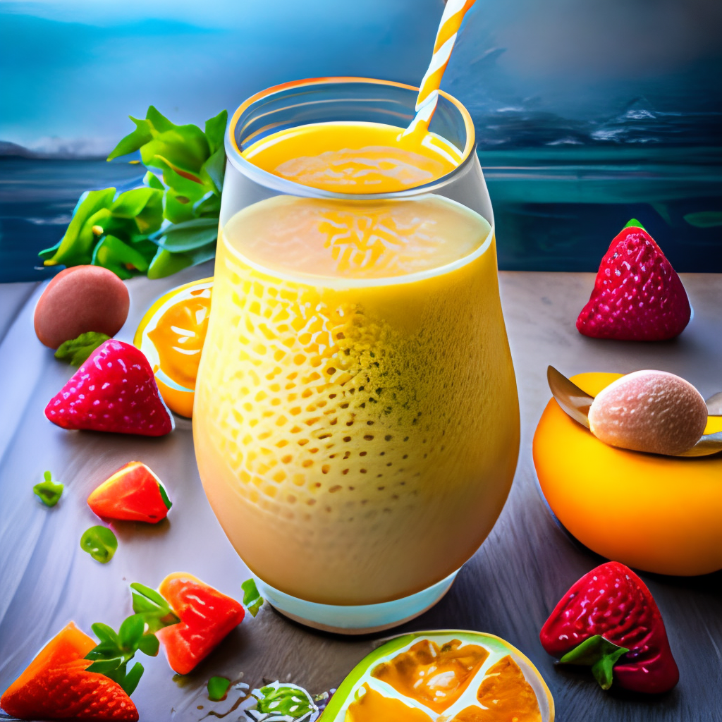 a delicious and refreshing mango smoothie topped with fresh strawberries, grapes, and chia seeds. The smoothie is a bright yellow-orange color and has a thick, creamy texture.