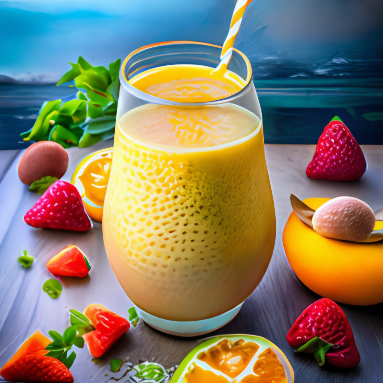 a delicious and refreshing mango smoothie topped with fresh strawberries and grapes. The smoothie is a bright yellow-orange color and has a thick, creamy texture.