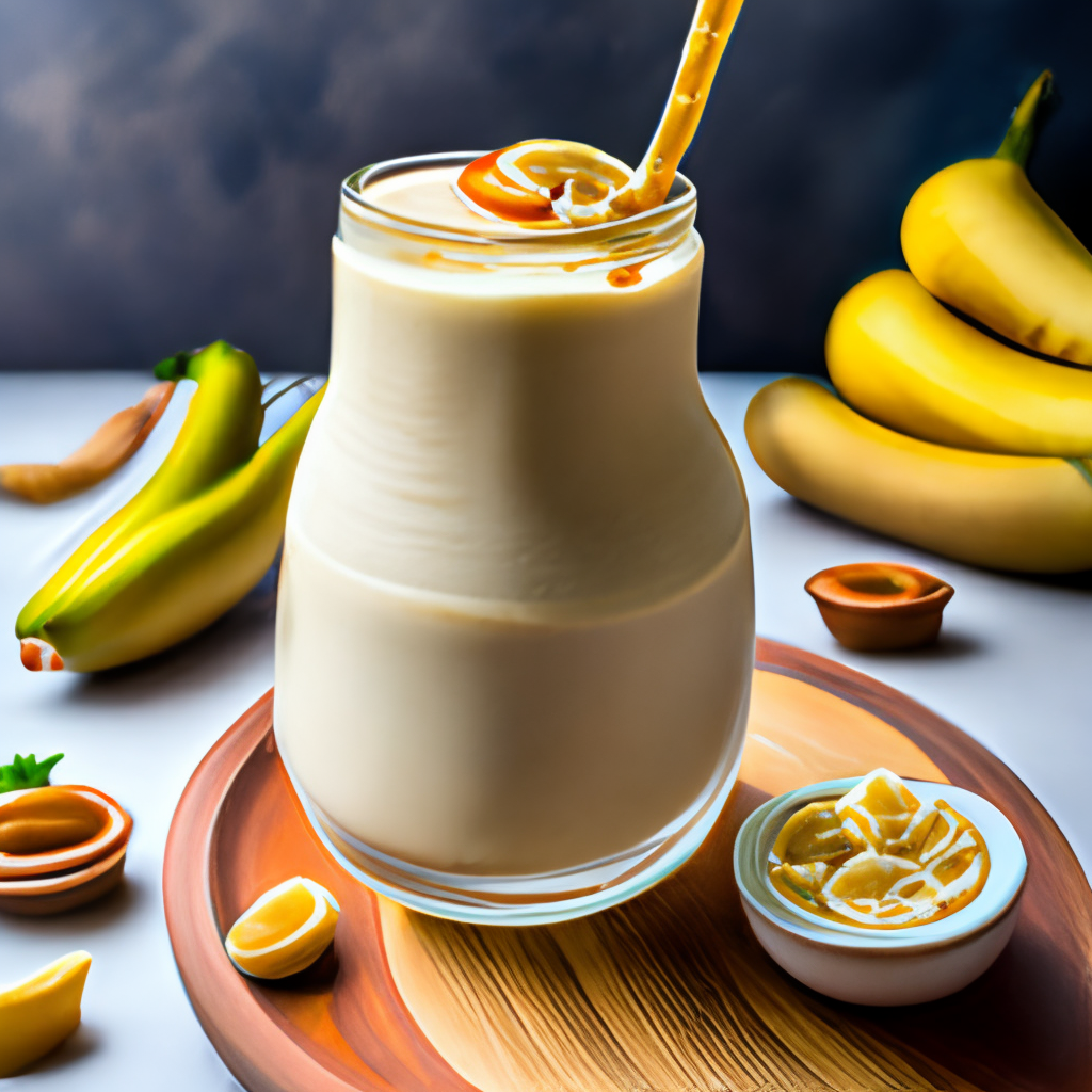 a creamy peanut butter smoothie topped with sliced bananas and a drizzle of honey. The smoothie is a light brown color and has a thick, velvety texture.
