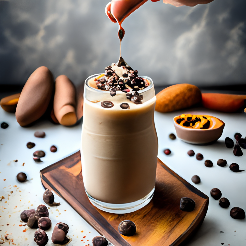 a peanut butter smoothie topped with a handful of chocolate chips and a sprinkle of sea salt. The smoothie is a dark brown color and has a smooth, creamy texture.