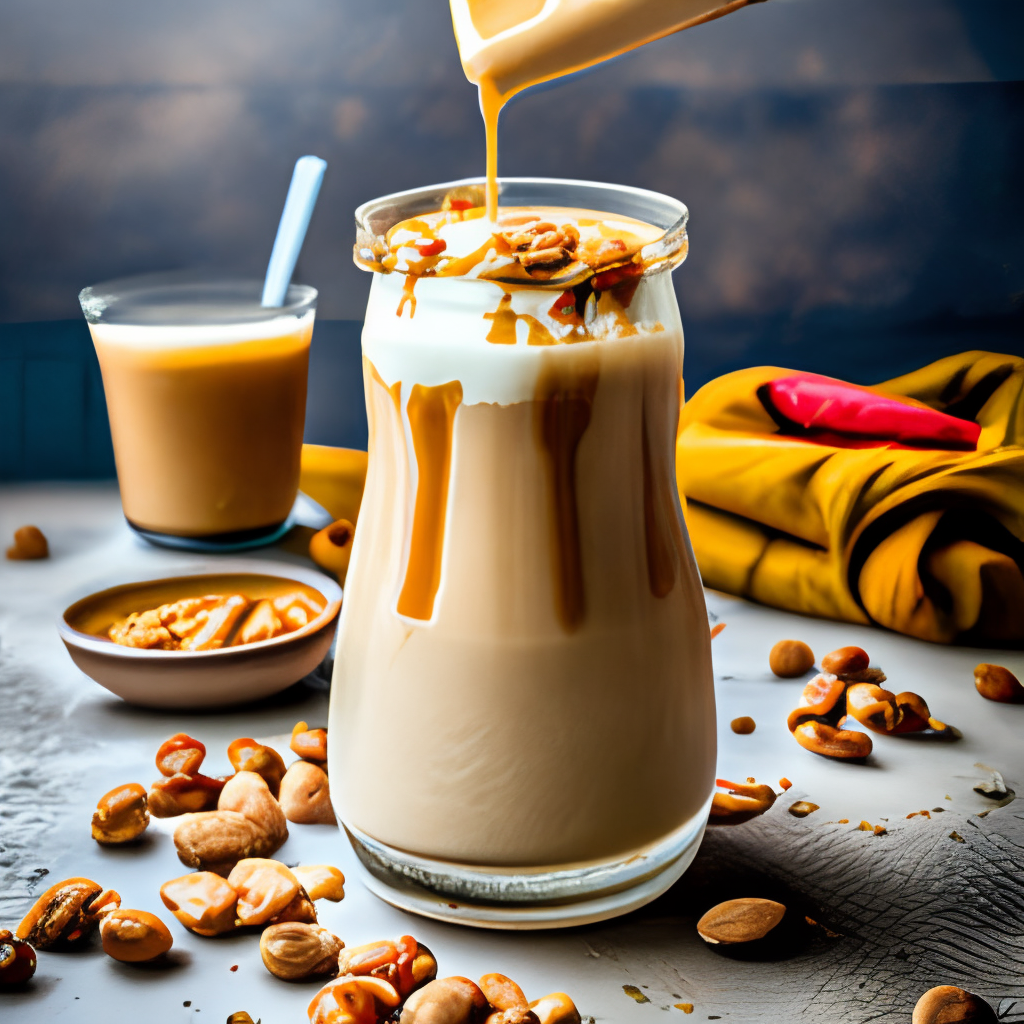 a peanut butter smoothie topped with a handful of chopped peanuts and a drizzle of caramel sauce. The smoothie is a light brown color and has a thick, creamy texture.