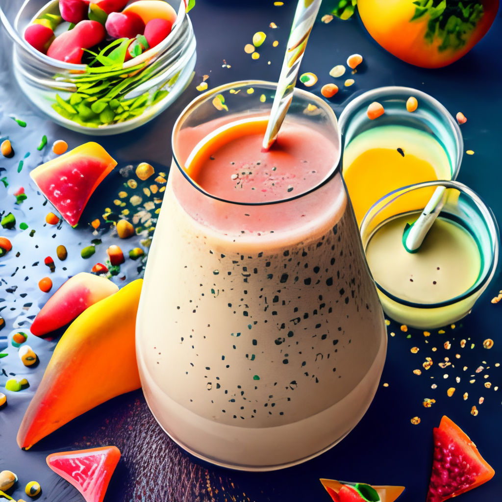 a refreshing and colorful mango and strawberry smoothie, with a creamy texture and a sprinkle of chia seeds on top