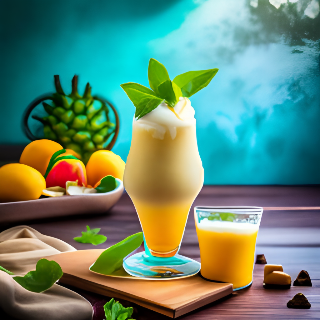 a tropical and tangy pineapple and mango smoothie, with a hint of coconut and a sprig of mint on top