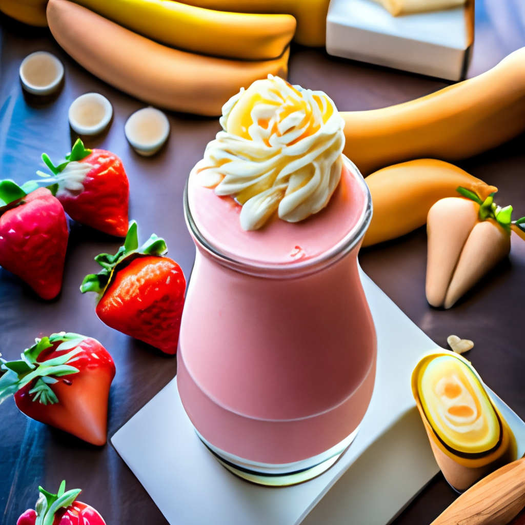 a sweet and refreshing strawberry and banana smoothie, with a dollop of whipped cream and a drizzle of honey on top