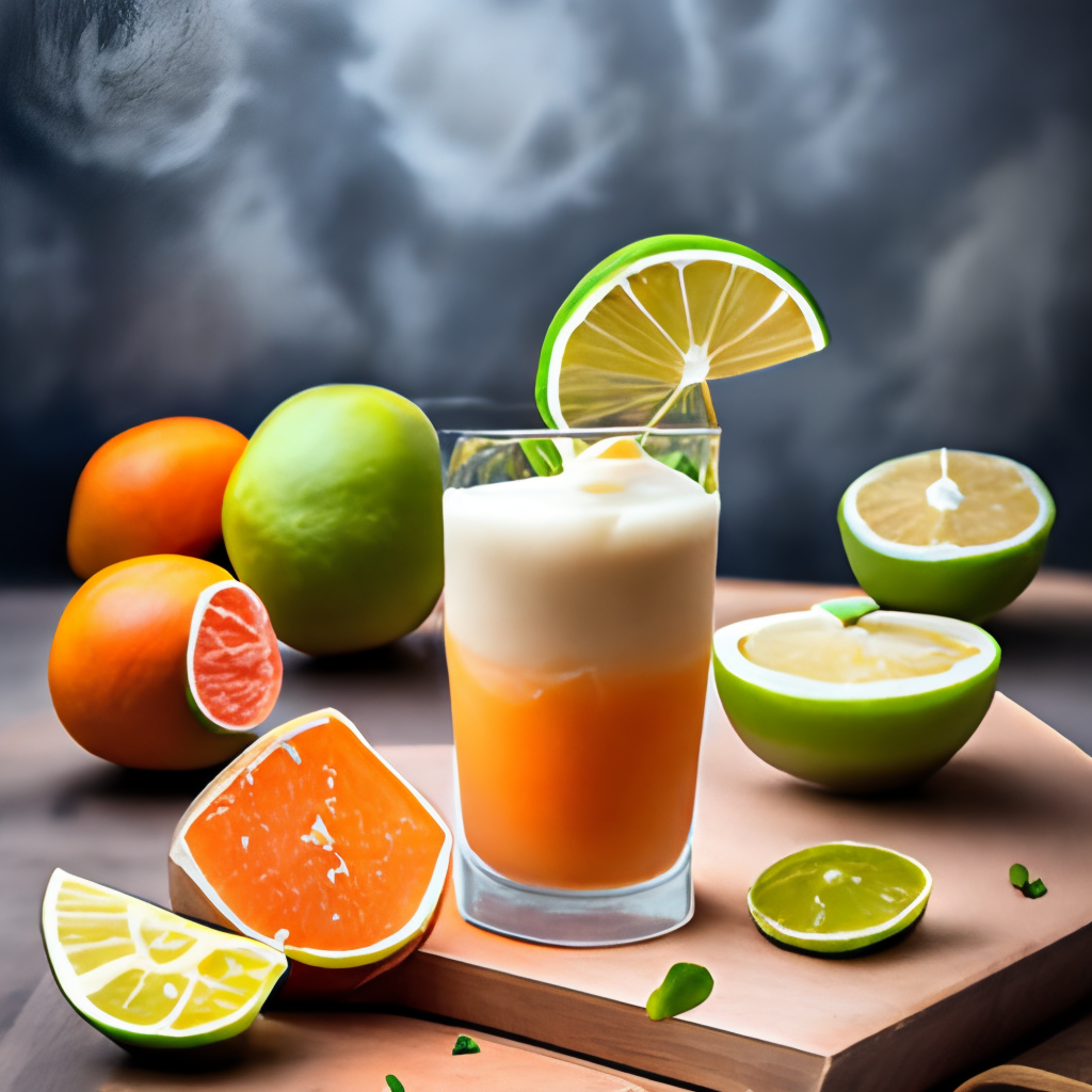 a zesty and energizing orange and grapefruit smoothie, with a dash of ginger and a slice of lime on top