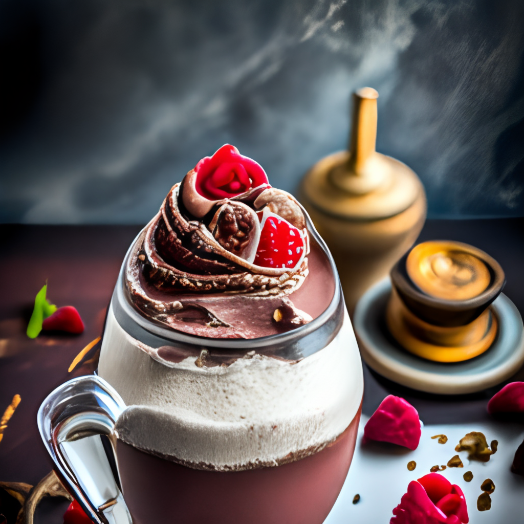 a rich and indulgent chocolate and raspberry smoothie, with a swirl of whipped cream and a sprinkle of cocoa powder on top