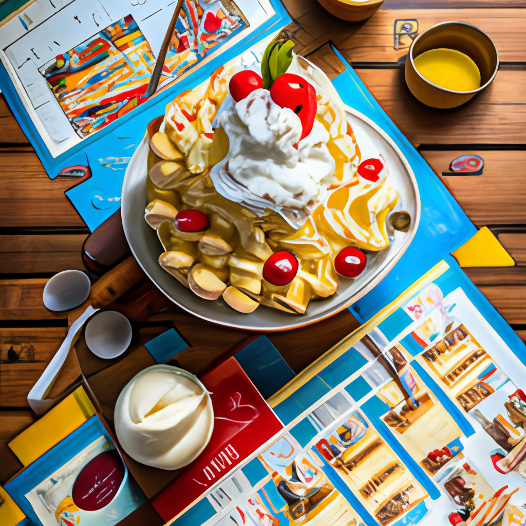 a classic banana split ice cream sundae, with three scoops of ice cream, sliced bananas, whipped cream, and a cherry on top, served on a map placemat