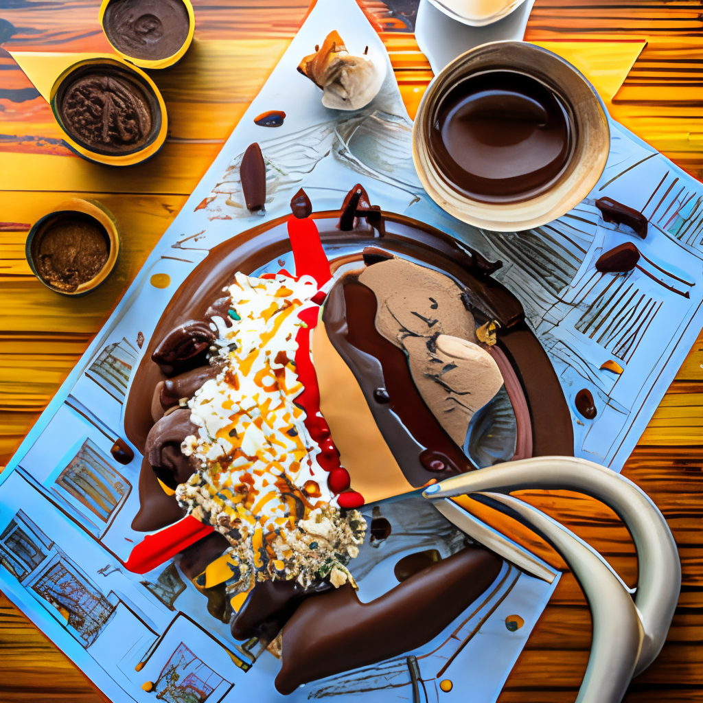 a decadent chocolate banana split ice cream sundae, with fudge sauce, chocolate chips, and a chocolate-dipped banana, served on a map placemat