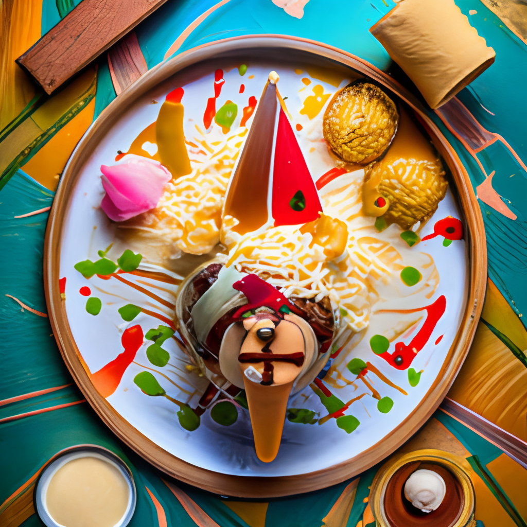 a tropical banana split ice cream sundae, with coconut flakes, pineapple chunks, and a drizzle of caramel sauce, served on a map placemat