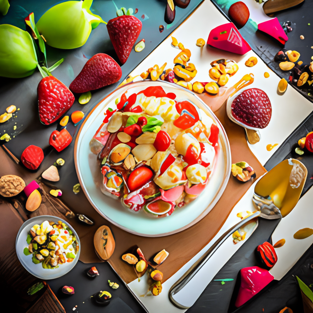 a fruity and refreshing strawberry banana split ice cream sundae, with fresh strawberries, strawberry sauce, and a sprinkle of chopped nuts, served on a map placemat