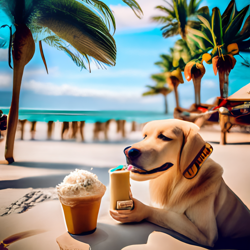 a golden retriever drinking a puppuchino on a sunny beach with palm trees in the background