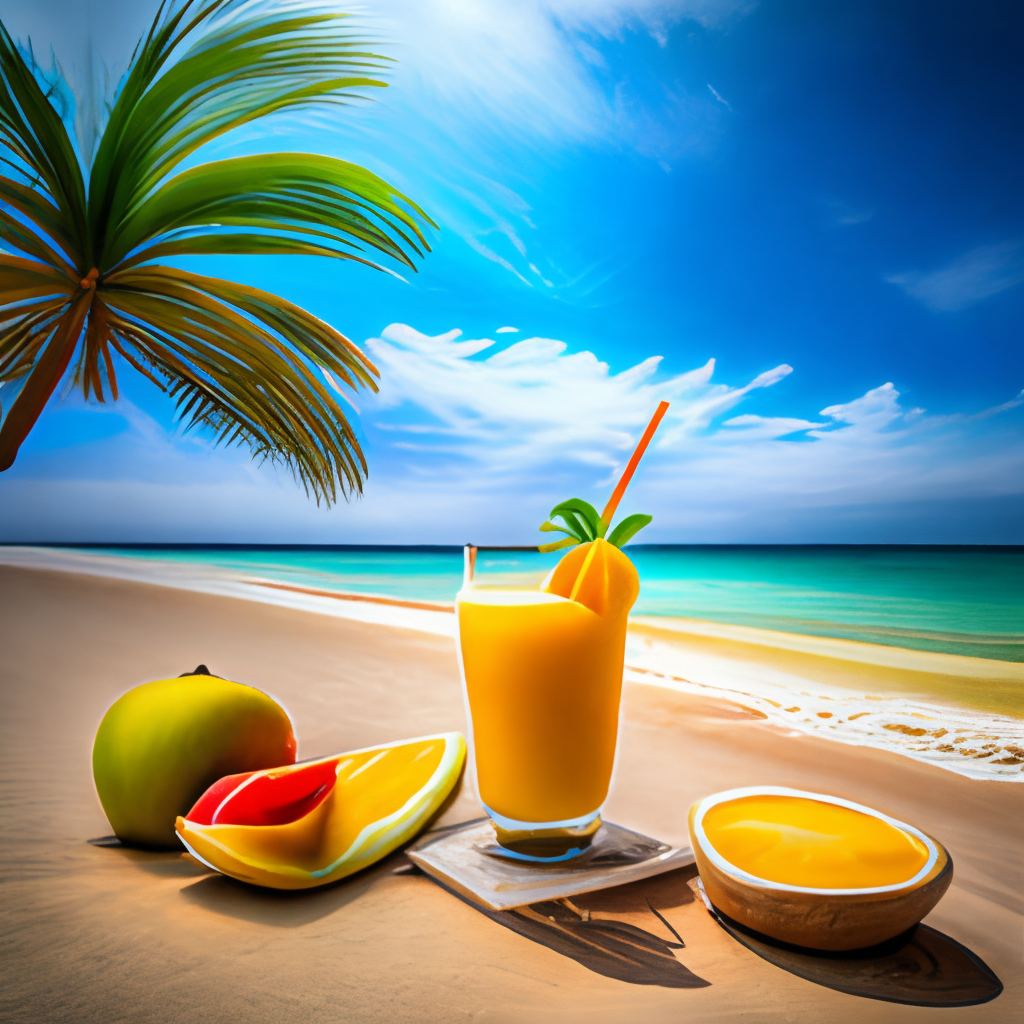 a refreshing mango and apple smoothie on a tropical beach, with palm trees and a clear blue sky