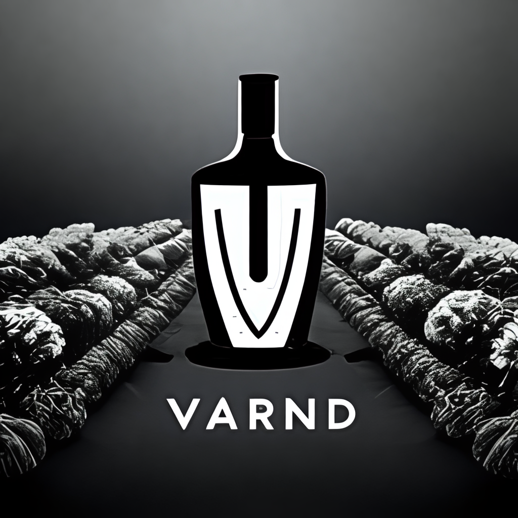 a minimalist icon of a wine bottle with a grapevine on it, with the name 'Vineyard' in bold sans-serif font below it