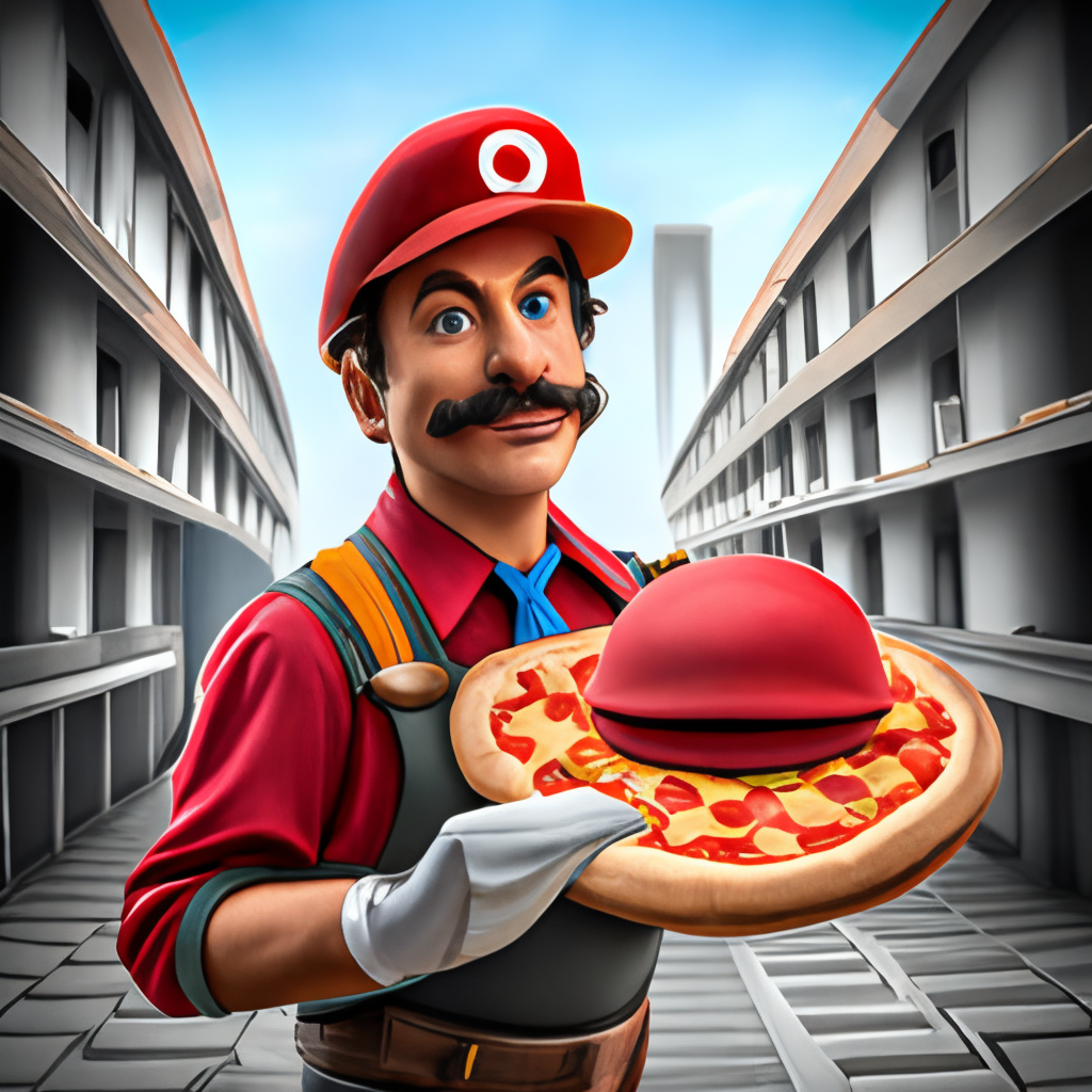 an Italian plumber with a bushy mustache and a red hat, holding a giant pizza