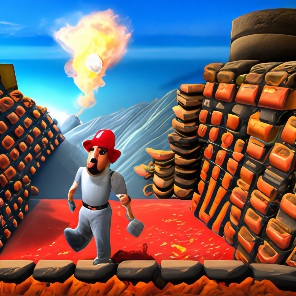 an Italian plumber with a handlebar mustache and a red hat, jumping over a lava pit
