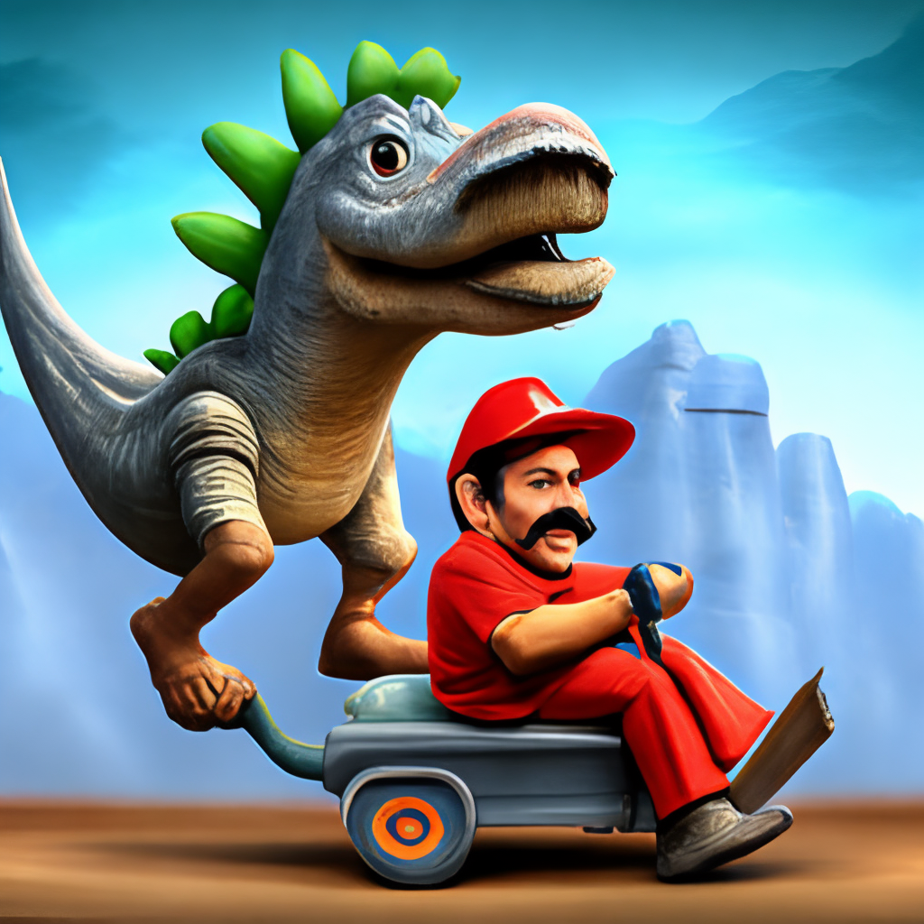 an Italian plumber with a pencil mustache and a red hat, riding a dinosaur