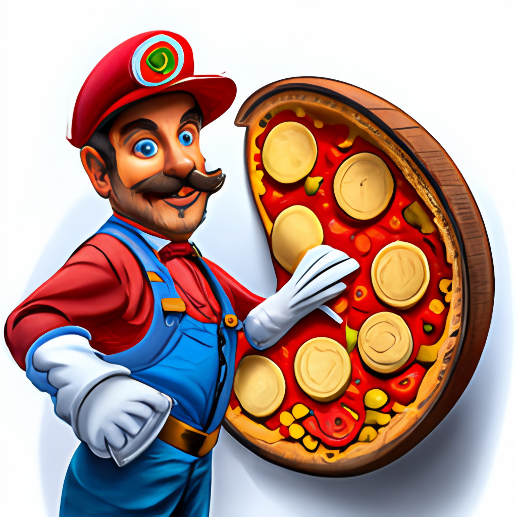 A cartoon Italian plumber with a mustache and a red hat, holding a giant pizza and smiling