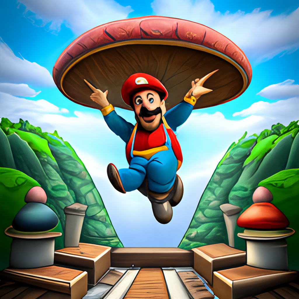 A cartoon Italian plumber with a mustache and a red hat, jumping over a giant mushroom