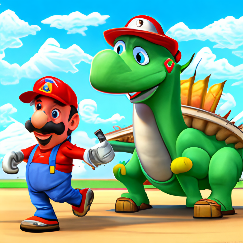 A cartoon Italian plumber with a mustache and a red hat, riding a green dinosaur