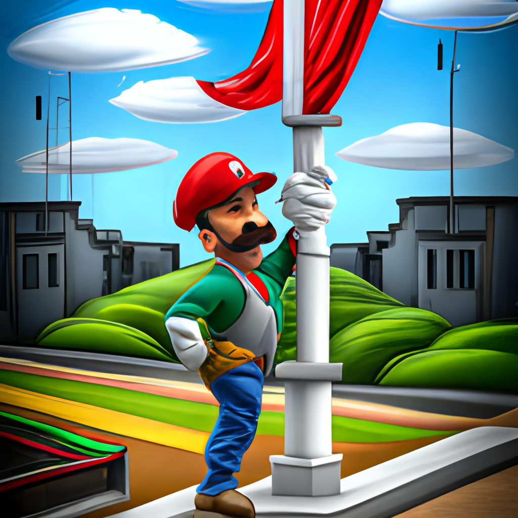 A cartoon Italian plumber with a mustache and a red hat, sliding down a flagpole