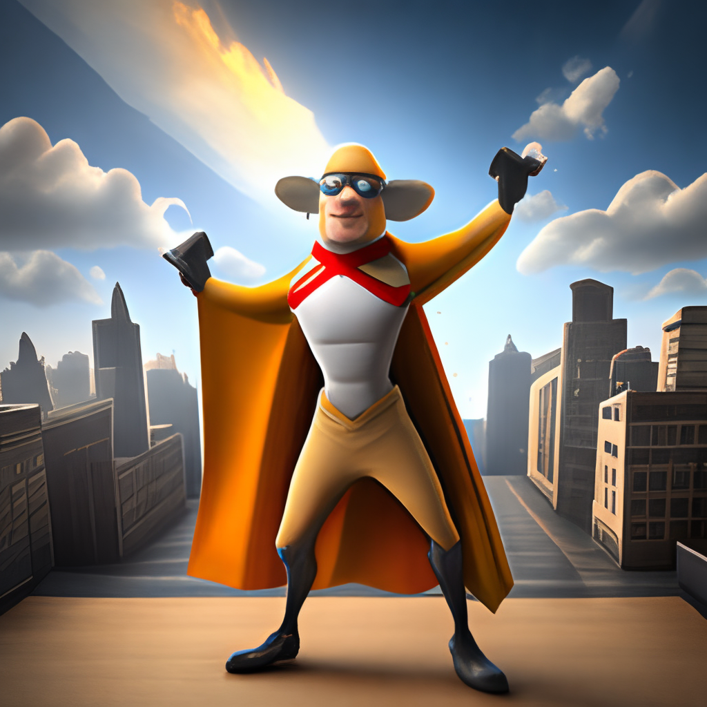 3D render of the crime fighting cheesemonger, with a heroic pose and a cape
