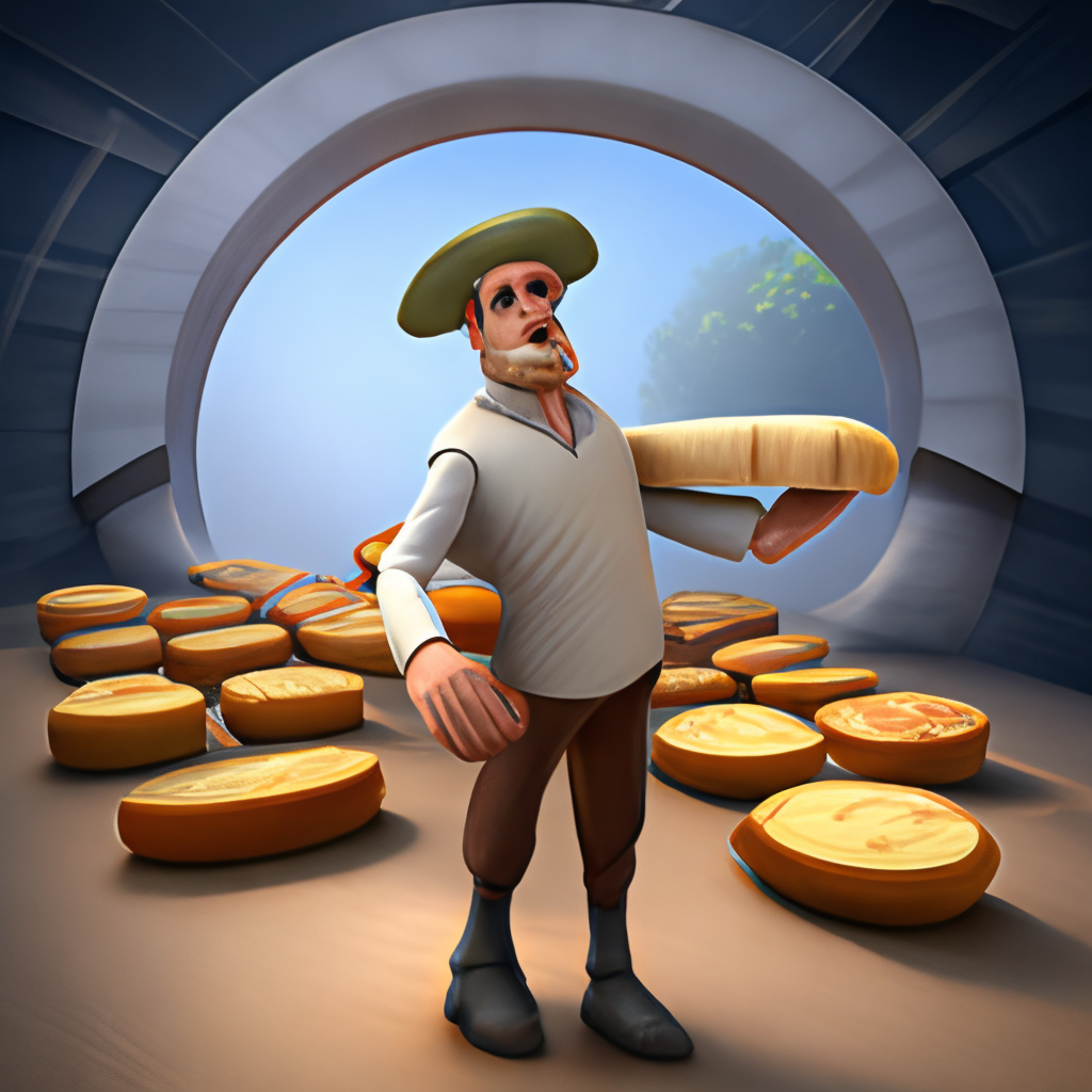 a 3D render of the crime fighting cheesemonger, holding a wheel of stinky cheese in one hand and a baguette in the other, with a determined look on his face