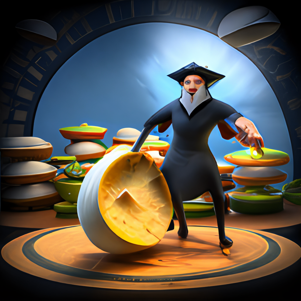 a 3D render of the crime fighting cheesemonger, using a wheel of stinky cheese as a shield against an enemy off-screen