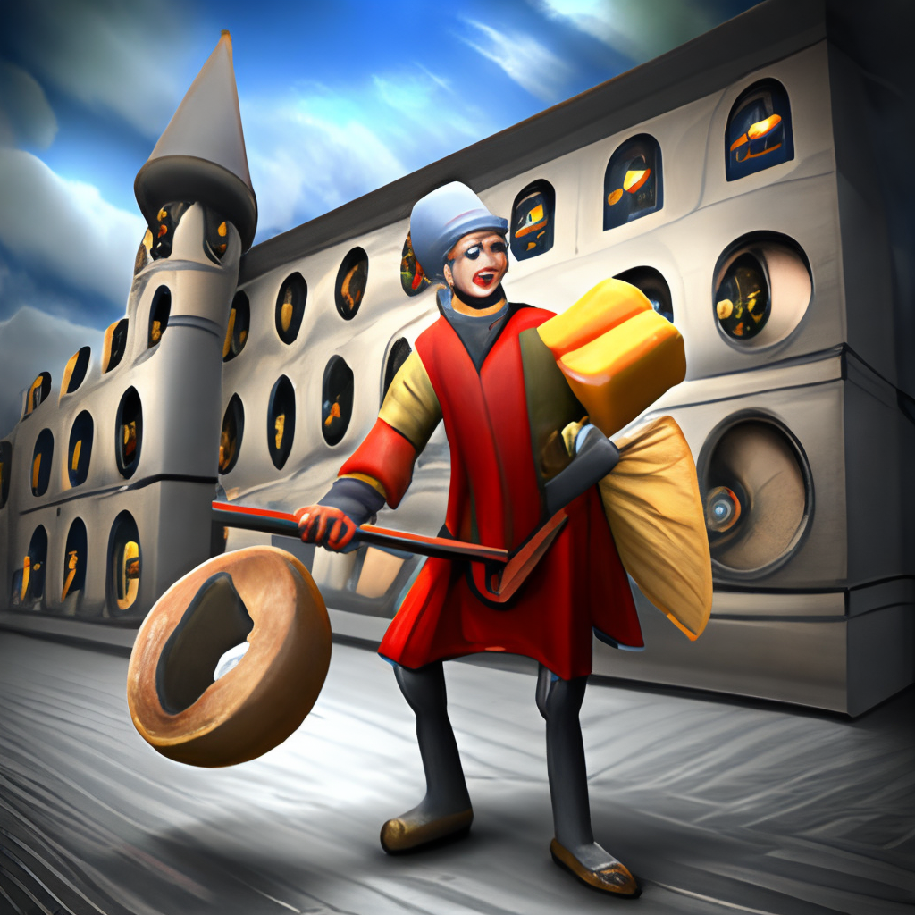 a 3D render of the crime fighting cheesemonger, standing triumphantly over a defeated enemy, with a wheel of stinky cheese in one hand and a baguette in the other