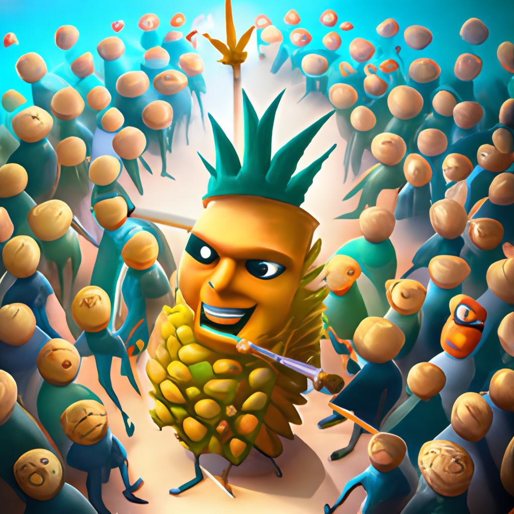 a giant, sentient, talking pineapple with a crown and a scepter, surrounded by a swarm of tiny, flying, pineapple minions