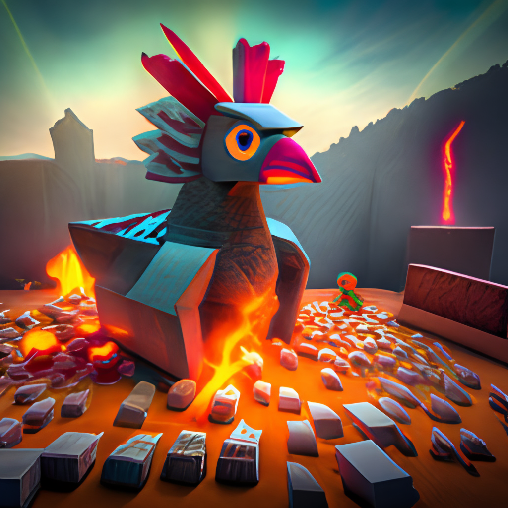 a massive, fire-breathing, robotic chicken with laser eyes and rocket boosters, perched atop a pile of golden eggs