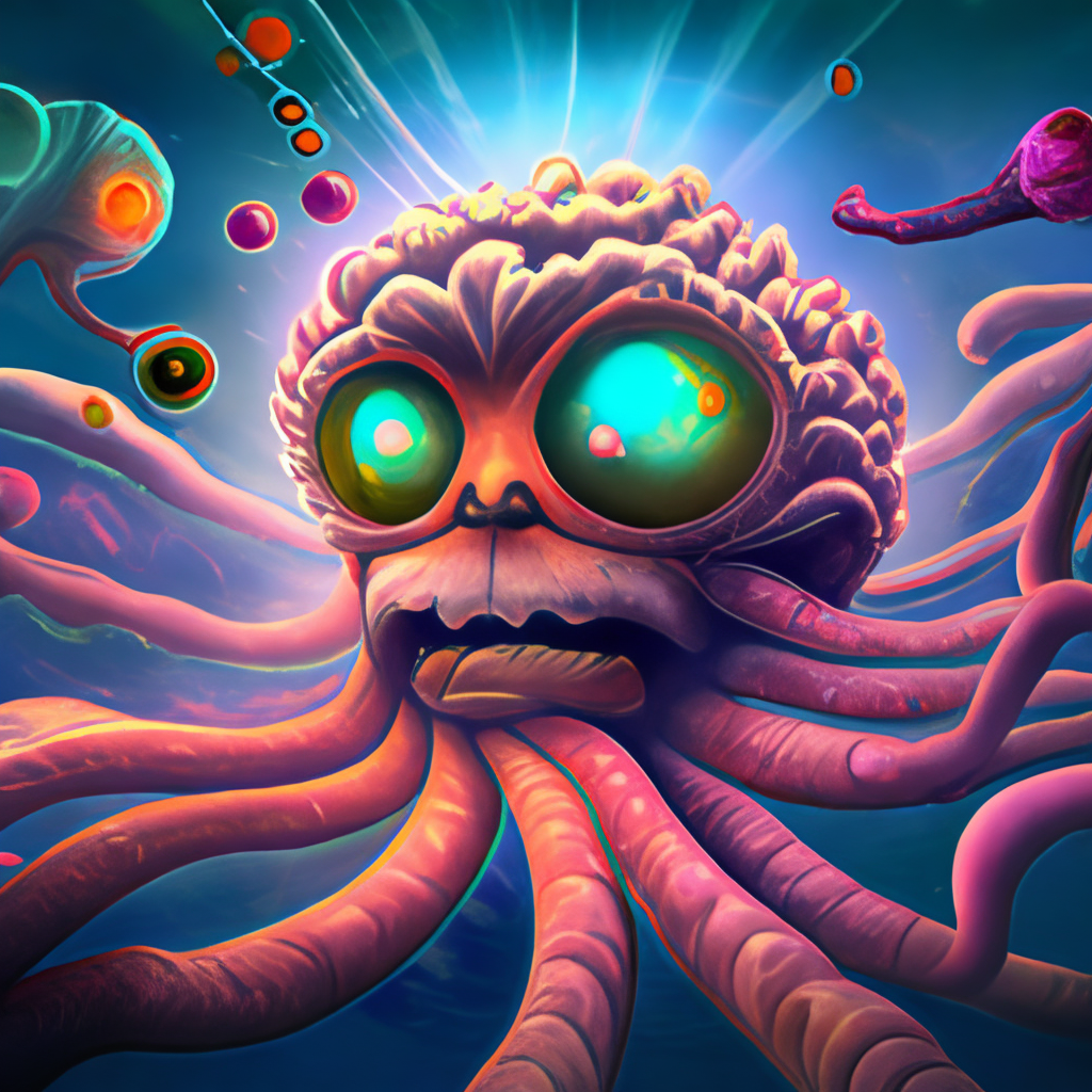a tentacled, multi-eyed, space monster with a glowing, pulsating brain, floating in a nebula