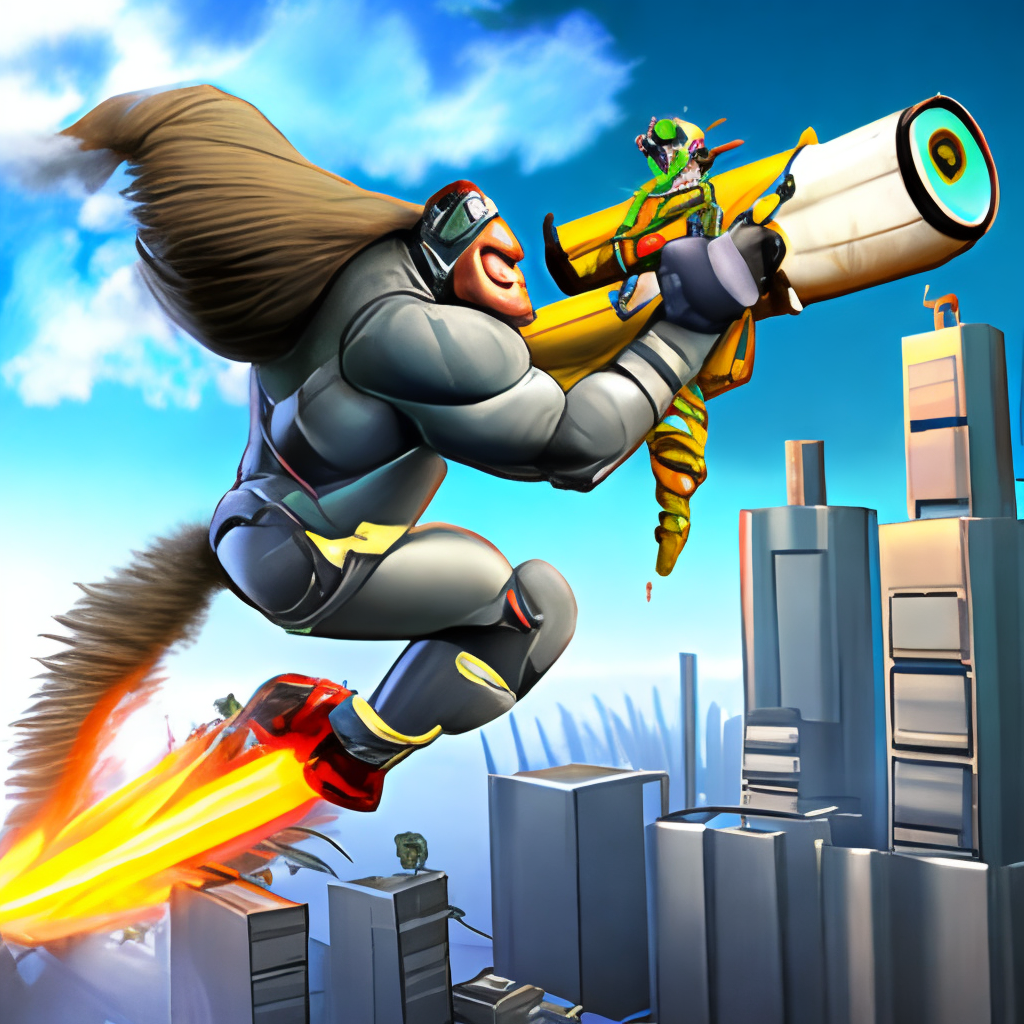 a towering, four-armed, cyborg gorilla with a jetpack, wielding a giant, electrified banana as a weapon