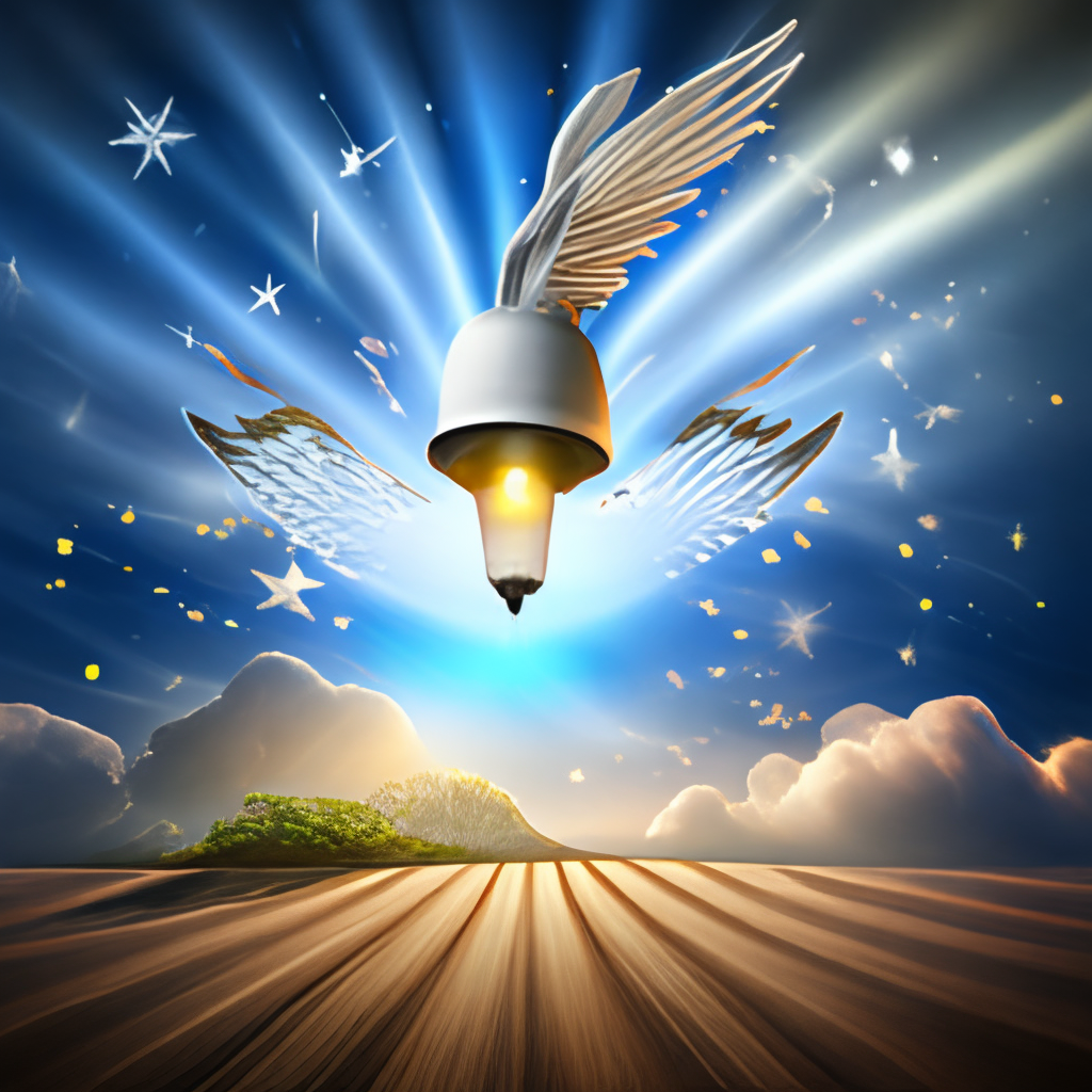 a lightbulb with wings, flying in a starry sky
