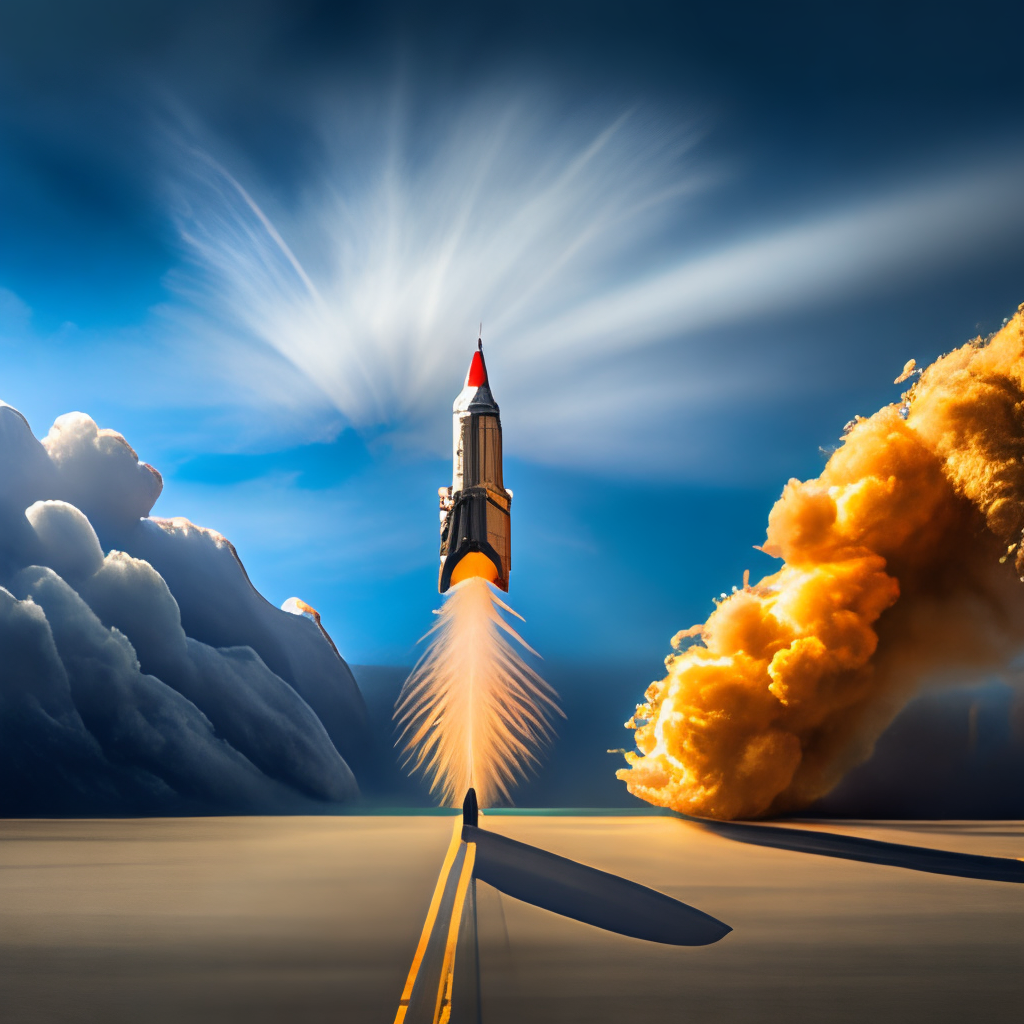 a rocket ship blasting off into space, leaving a trail of fire behind it