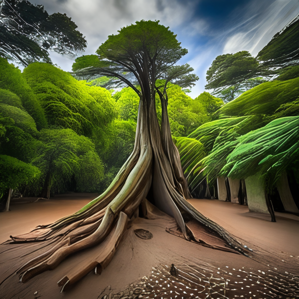 a tree with deep roots, standing tall in a lush forest
