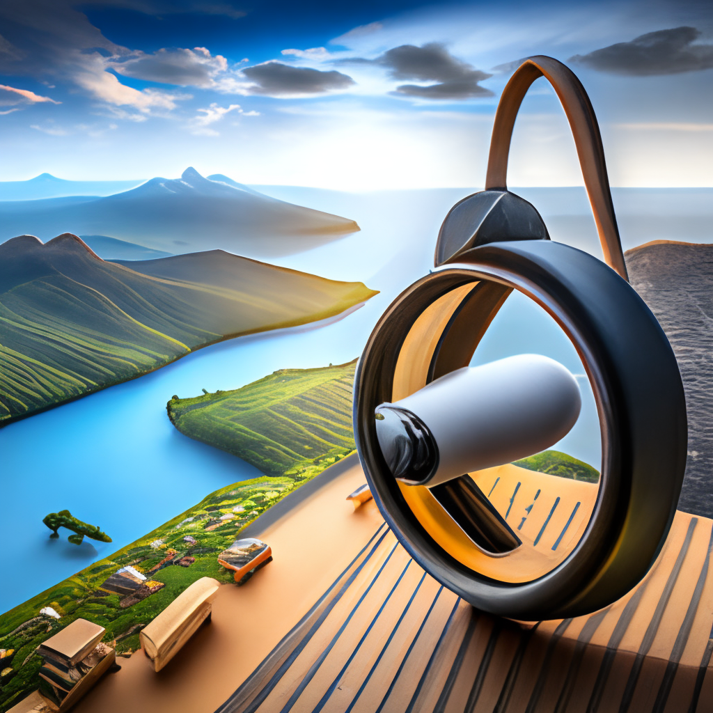a compass pointing towards a bright horizon, with a map and binoculars nearby