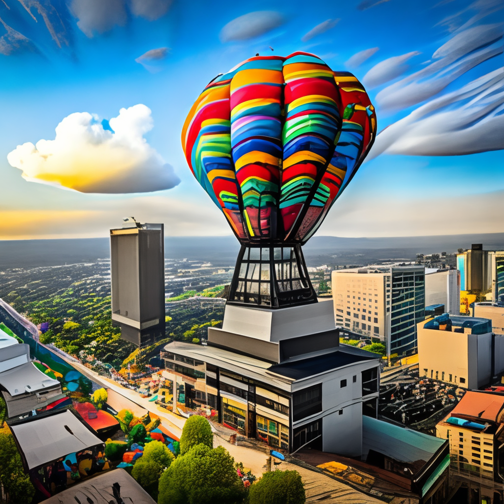 a colorful and intricate hot air balloon floating in the sky, with a cityscape in the background